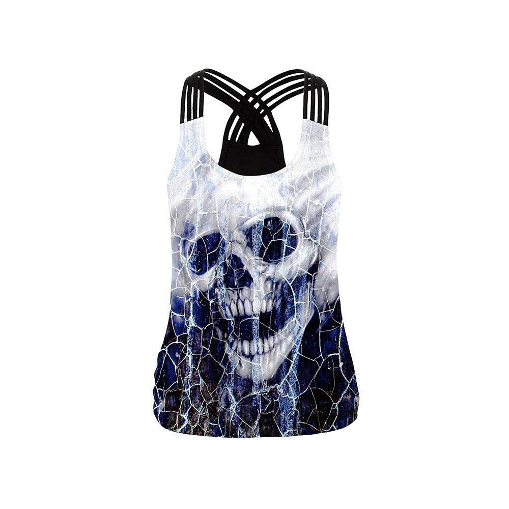 Women's Skull Pumpkin Print Punk Rock Gothic Shirt Short Sleeve Blouse Tank Tops