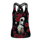 Women's Rose Skull Print Hollow Out T-Shirt  Sleeveless Tank Top Shirts