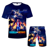 Men's Godzilla vs Kong Pattern Printed T-Shirt and Shorts Set Sports Mesh Tracksuit