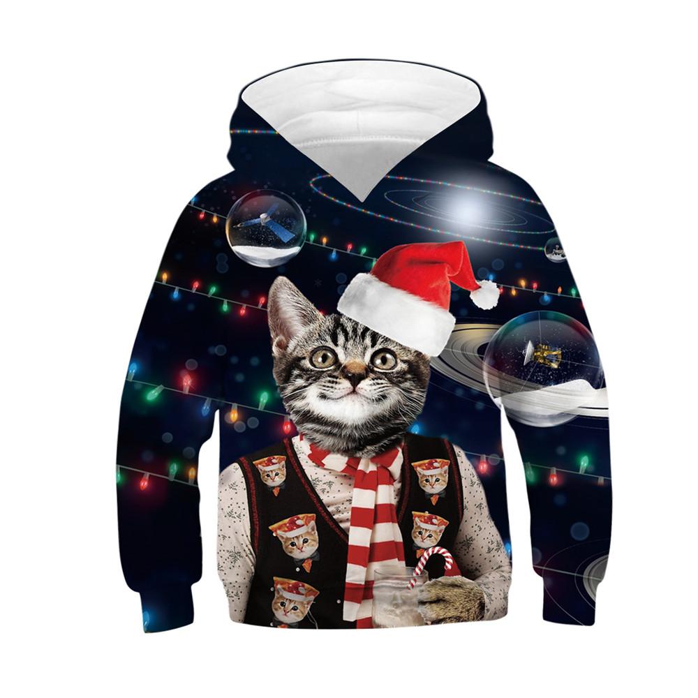 Boys Girls Cat Printed Chirstmas Hoodie Hooded Pullover Tops - firstcorset
