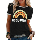 Women's Good Vibes Rainbow Casual Soft Top Tee Hipster T-Shirt