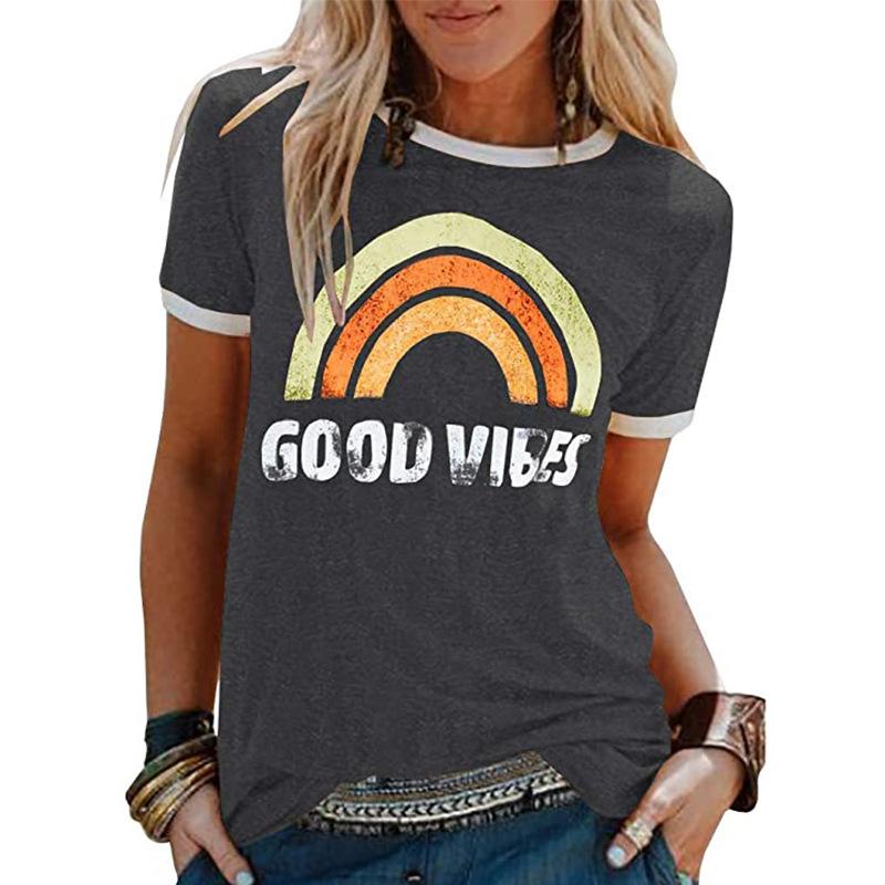 Women's Good Vibes Rainbow Casual Soft Top Tee Hipster T-Shirt