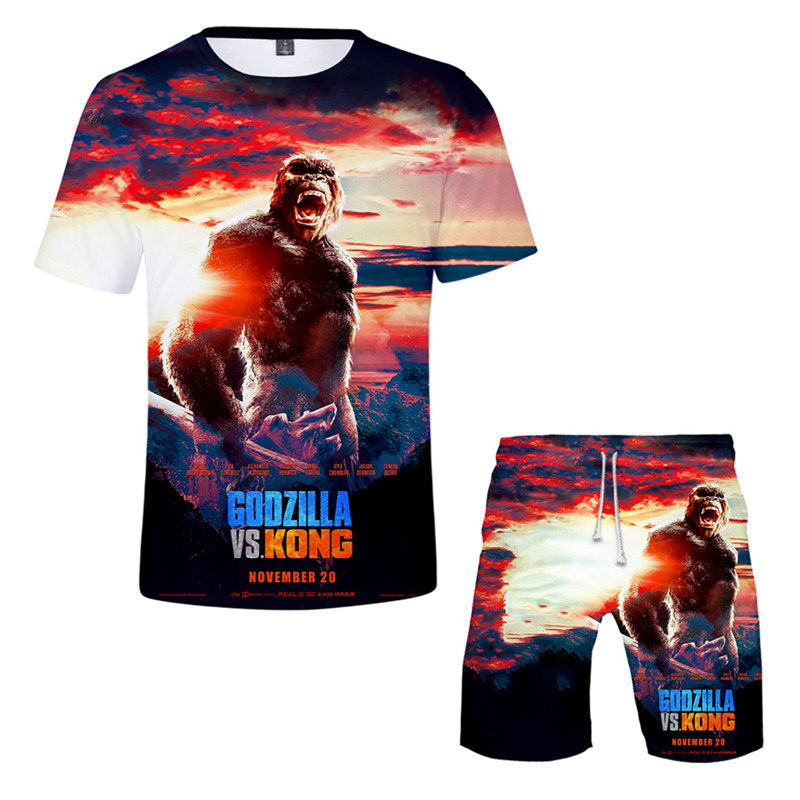 Men's Godzilla vs Kong Pattern Printed T-Shirt and Shorts Set Sports Mesh Tracksuit