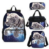 4PCS Cool White Tiger Swim Kids School Backpack Lunch Bag Shoulder Bag Pen Case