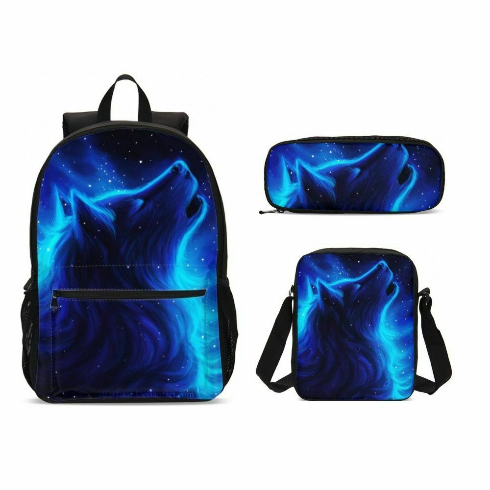 3D Print Wolf Bookbag, Children's Cool Rucksacks for School Teen Laptop Computer Backpacks 4PCS