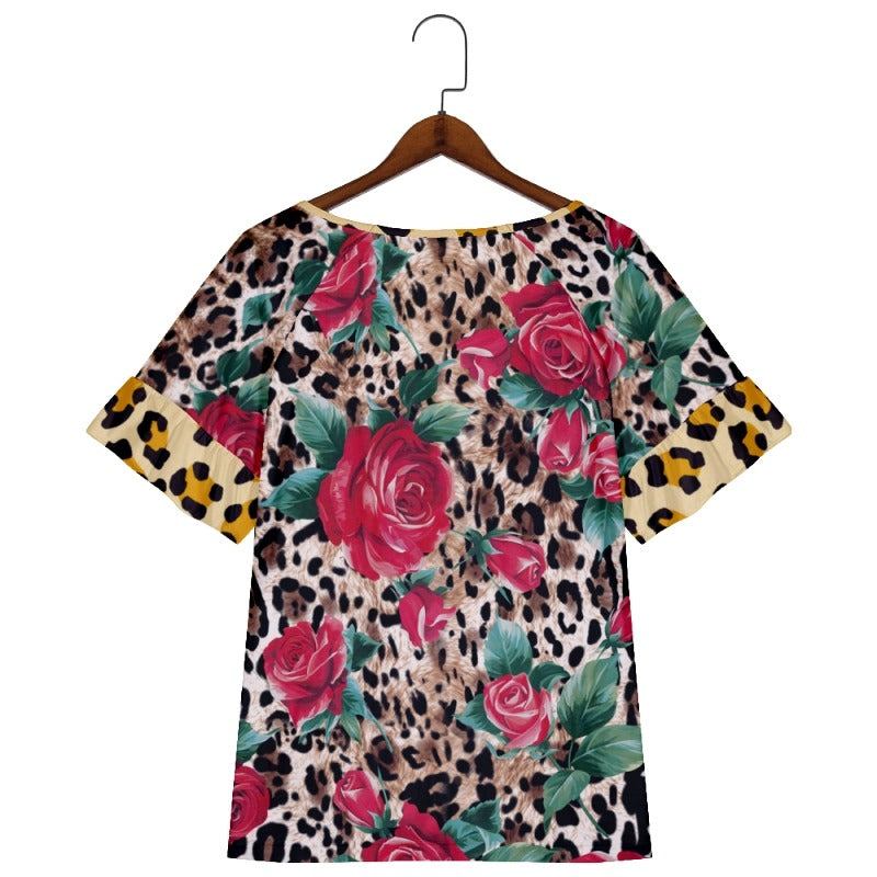 Casual Rose Leopard Short Sleeve Shirts & Tops