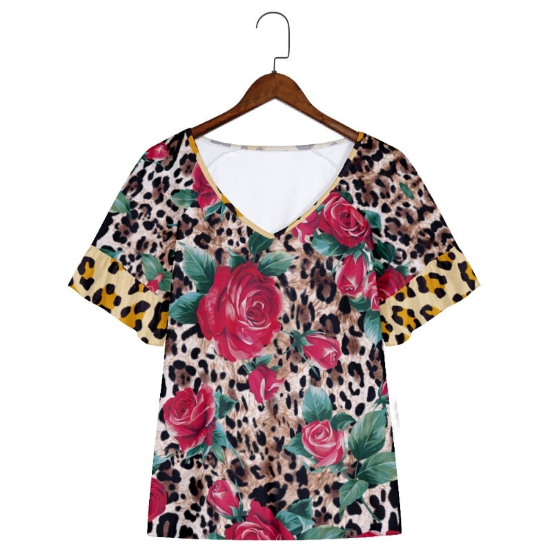 Casual Rose Leopard Short Sleeve Shirts & Tops
