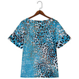 Womens Blue Leopard Print Casual V Neck T-Shirt