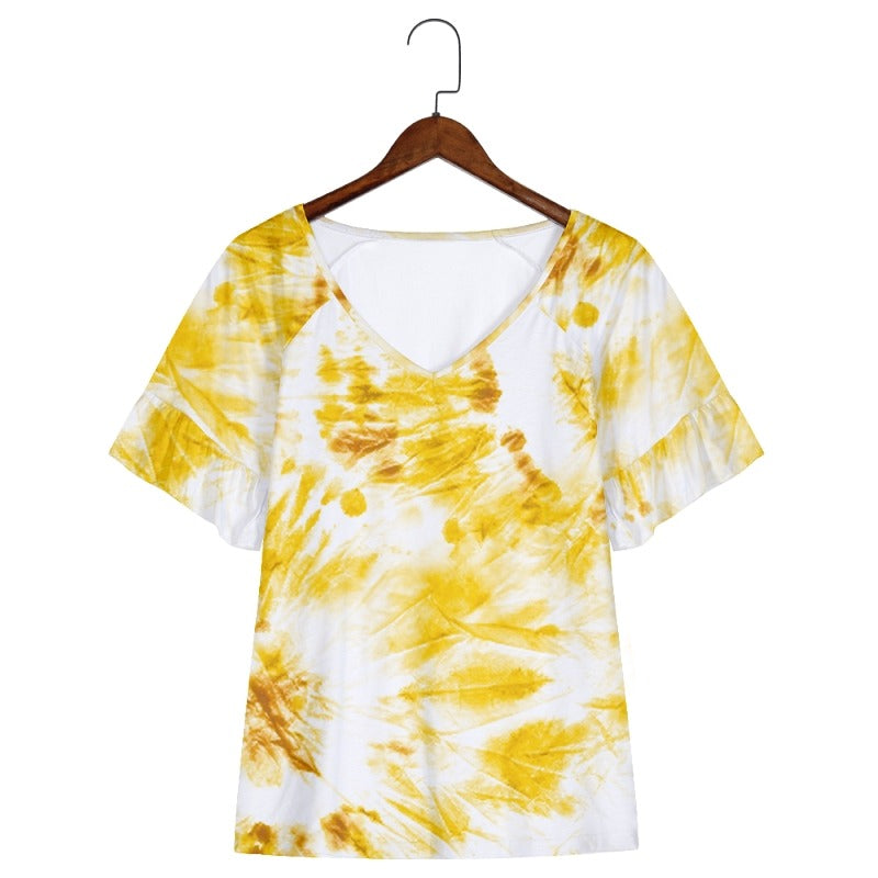 Yellow Tie Dye Print Short Sleeve Shirts & Tops