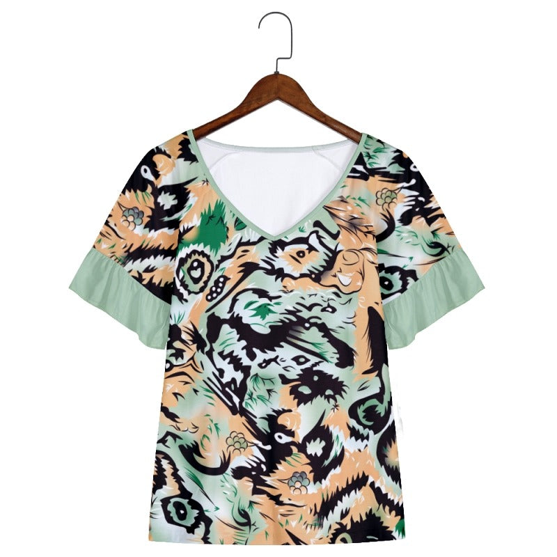 Green Floral Short Sleeve Blouse Clothes Tee